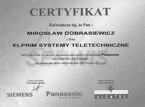 Certyfikat Panasonic / Siemens / Alcatel