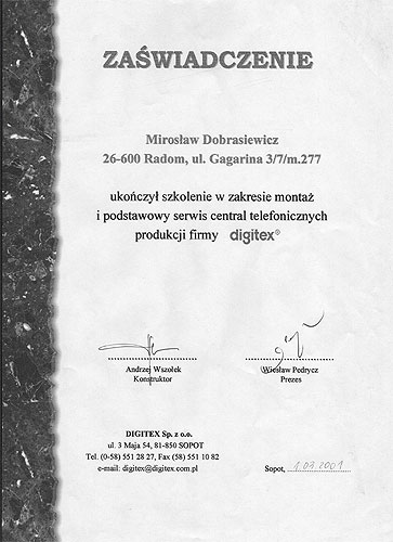 DIGITEX — zaświadczenie montażu i serwisu central telefonicznych