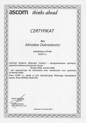 ASCOM — certyfikat instalacji central Ascotel 2050/2060