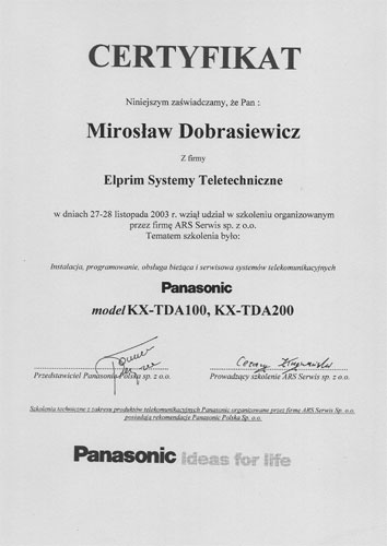 Panasonic — certyfikat szkolenia z central KX-TDA100/200
